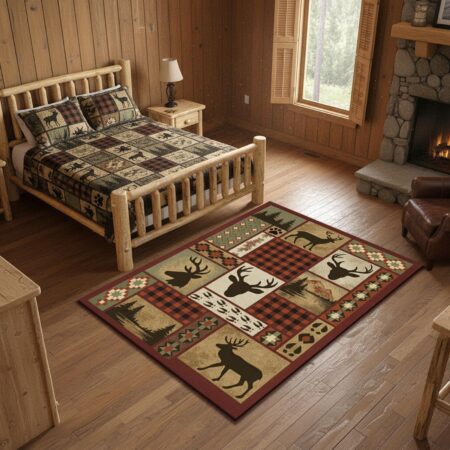 Alternative view of Wildlife Carpet with Mountain Scene and Deer Design, Soft Washable Non-Slip Hunting Cabin Rug for Living Room Bedroom