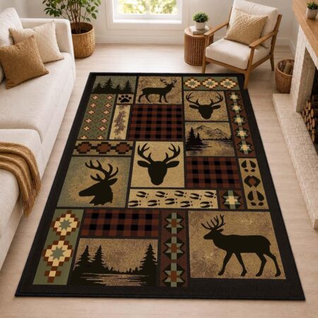 Wildlife Carpet with Mountain Scene and Deer Design, Soft Washable Non-Slip Hunting Cabin Rug for Living Room Bedroom