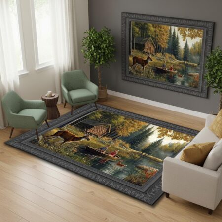 Wildlife Carpet with Mountain Scene and Deer Design, Soft Washable Non-Slip Hunting Cabin Rug for Living Room Bedroom (Copy)